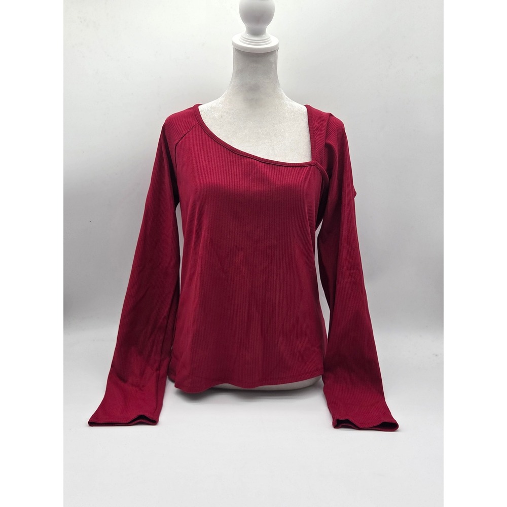 Lulus Red Ribbed Asymmetrical Neck Long Sleeve Top Size XL NWT 101-906